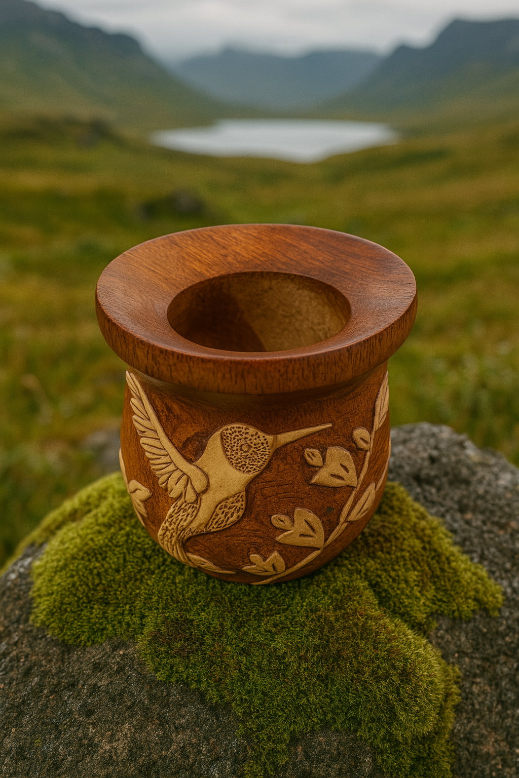 Brown Wooden Gourd with Bird Design